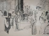 drawing of a group of people standing in front of a clock tower