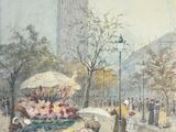 un tableau représentant une scène de rue avec des passants sur le trottoir