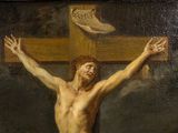 a painting of a man on a cross with a dove