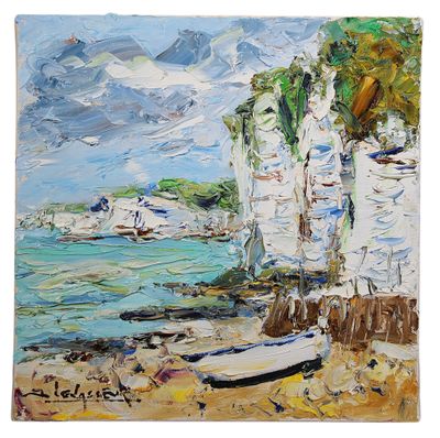 une peinture à l'huile représentant un bateau sur une plage, près d'une falaise