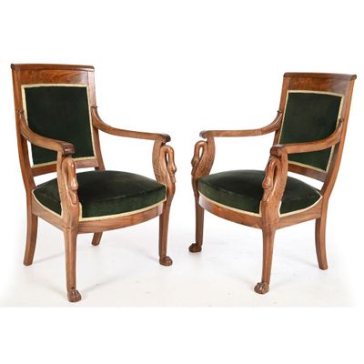 pair of antique chairs with green velvet upholstered seats