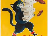 an old poster of a cat carrying a stack of shoes