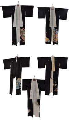 six photographies représentant divers kimonos en noir et blanc accrochés à un mur