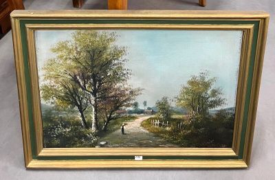 tableau à l'huile encadré représentant une scène champêtre avec une femme marchant sur un sentier
