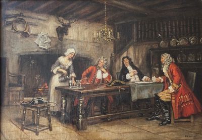 peinture d'un groupe de personnes assises autour d'une table dans une pièce