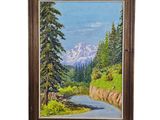 a painting of a mountain scene with trees and a river