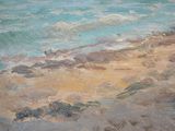 an oil painting of a beach scene with waves coming in to the shore
