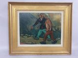 painting of a man and a woman walking in the mountains