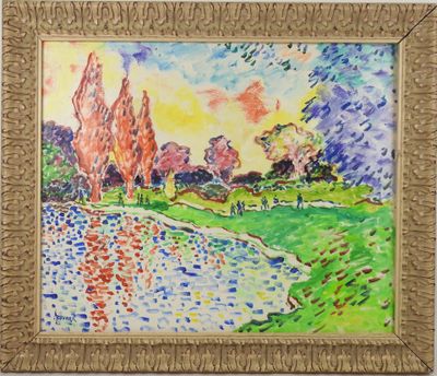 an image of a painting of a river with trees in the background