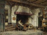 un tableau représentant un homme assis à une table devant une cheminée