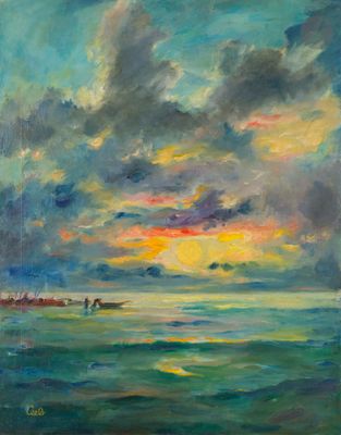 a painting of a sunset over the ocean with a boat in the distance