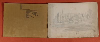 an old book with a drawing of a city on it