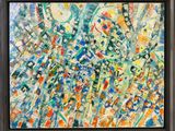 une peinture abstraite composée de lignes et de formes multicolores, dans un cadre noir