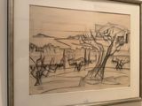 une photo d'un dessin représentant un paysage, dans un cadre