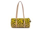 a yellow and black polka dot print duffel bag