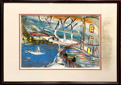 a picture of a painting of a boat in the water