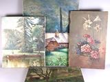 quatre tableaux représentant une maison et un arbre dans un champ