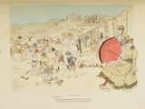 a drawing of a woman holding an umbrella on the beach