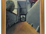 an oil painting of a street scene with a building and a tree