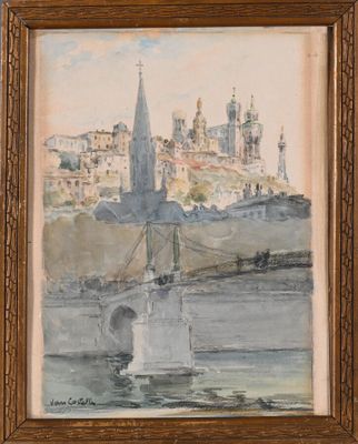 peinture d'un bateau sur un plan d'eau avec une ville en arrière-plan