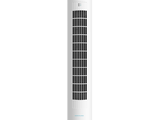 un ventilateur colonne blanc posé sur un pied métallique