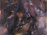 an oil painting of a group of people riding horses in a field