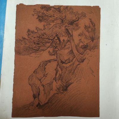a drawing of a man riding a horse next to a tree