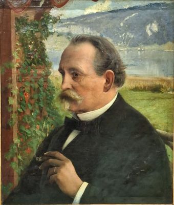tableau représentant un homme portant une moustache et une barbe, vêtu d'un costume noir