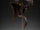 an image of a helmet on a metal stand on a black background