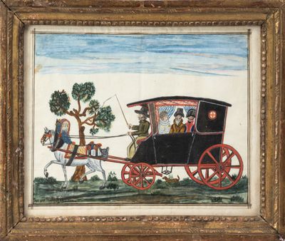 une image représentant un tableau où l'on voit une calèche tirée par deux hommes
