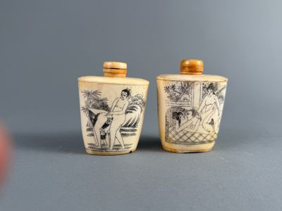 paire de flacons à tabac chinois anciens ornés de scènes peintes à la main