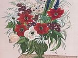 a painting of a vase of flowers on a table