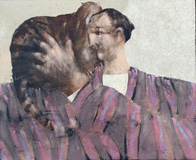 a painting of a man kissing a dog on the forehead