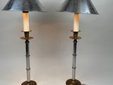 pair of vintage metal and brass table lamps with glass shades