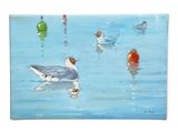 painting of a group of birds floating on top of a body of water