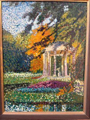 une peinture à l'huile représentant un belvédère au milieu d'un parc