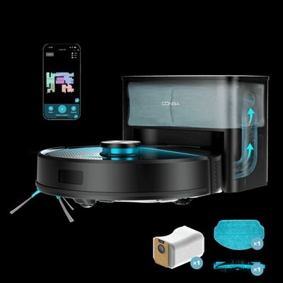 une photo d'un « roombake » noir et bleu avec une télécommande