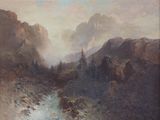 tableau représentant un paysage de montagne traversé par un ruisseau