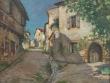 painting of a street in a small town with buildings and a cat