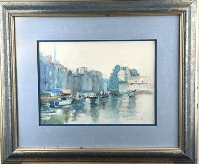 an image of a painting of boats on a river with buildings in the background