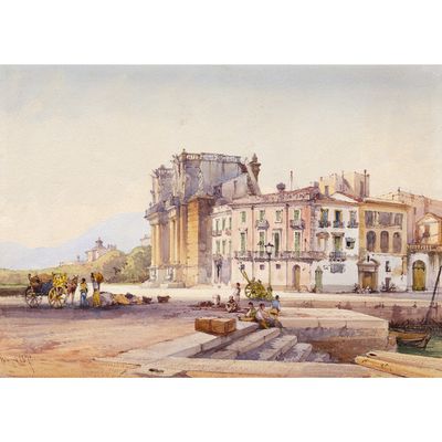une image représentant un tableau sur lequel figure un bâtiment devant lequel se trouve une calèche