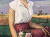 tableau représentant une femme assise dans un champ, tenant un bouquet de fleurs