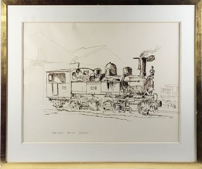 a drawing of a train on display in a gold frame