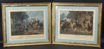 deux reproductions encadrées représentant des hommes à cheval dans un décor boisé
