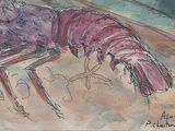 drawing of a lobster on a beach with a blue background