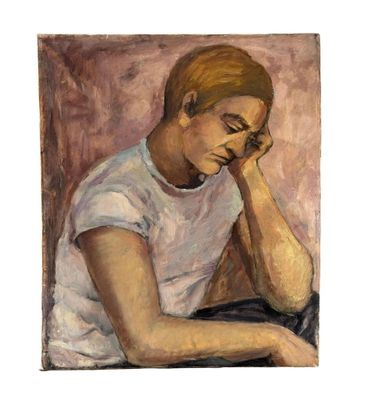 une image représentant un tableau où l'on voit une femme assise, la tête entre les mains