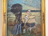 un tableau représentant deux personnes assises sur un banc sous un parasol