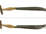 two images of a knife with a wooden handle on a white background
