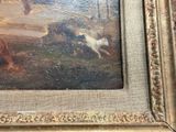 a picture of a painting of a man and a dog in a field