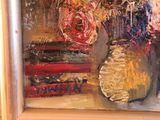 a painting of flowers in a vase on a table